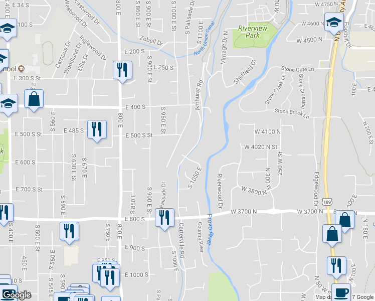 map of restaurants, bars, coffee shops, grocery stores, and more near 544 Carterville Road in Orem