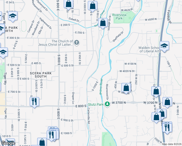 map of restaurants, bars, coffee shops, grocery stores, and more near 544 Carterville Road in Orem