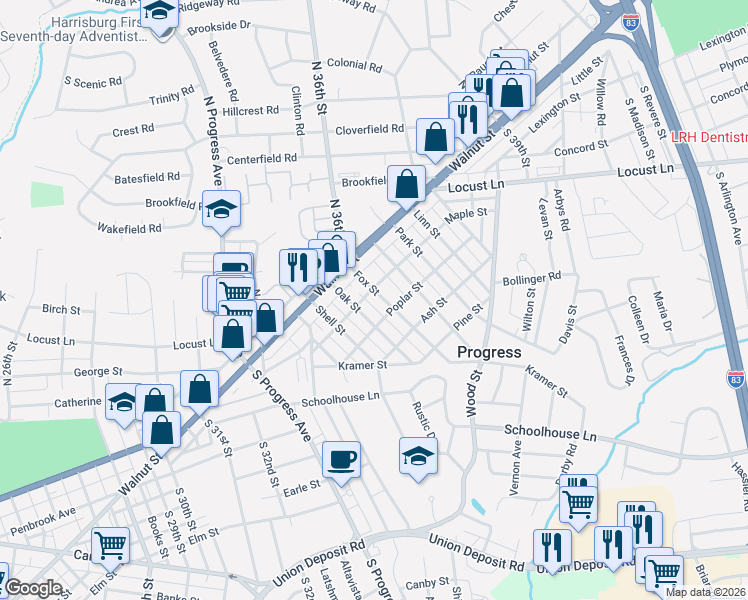map of restaurants, bars, coffee shops, grocery stores, and more near 102 Fox Street in Harrisburg