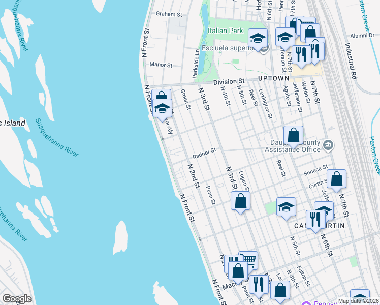 map of restaurants, bars, coffee shops, grocery stores, and more near 2613 Penn Street in Harrisburg
