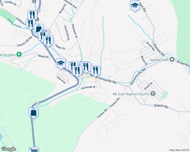 map of restaurants, bars, coffee shops, grocery stores, and more near 4099 Brownsville Road in South Park Township