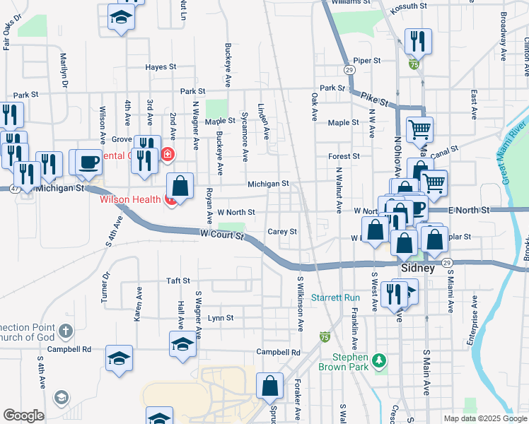 map of restaurants, bars, coffee shops, grocery stores, and more near 606 West North Street in Sidney
