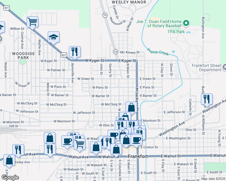 map of restaurants, bars, coffee shops, grocery stores, and more near 253 West Paris Street in Frankfort