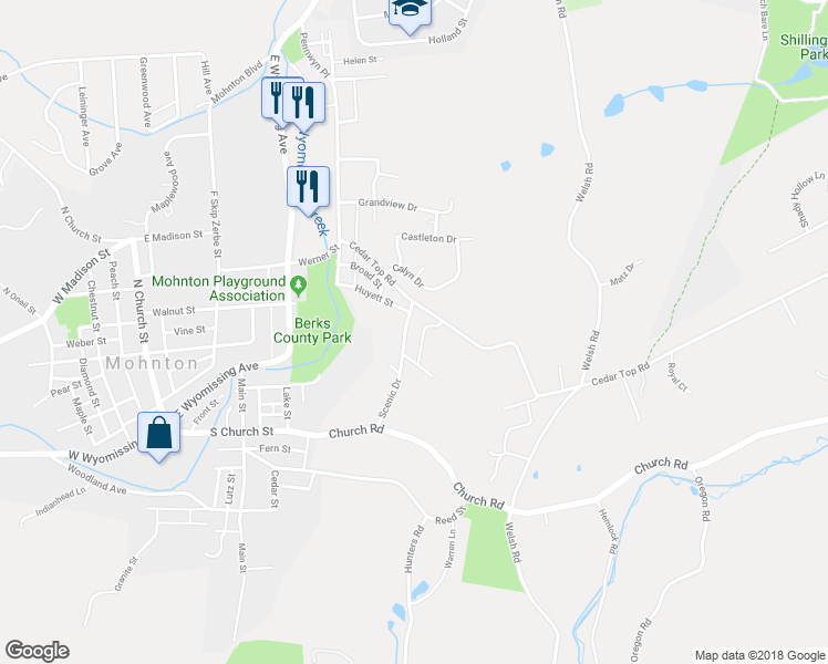 map of restaurants, bars, coffee shops, grocery stores, and more near 832 Scenic Drive in Mohnton