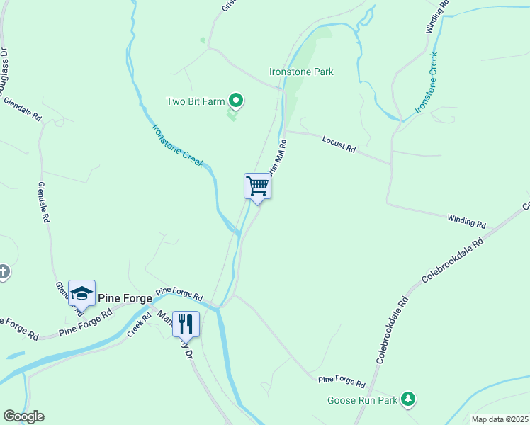 map of restaurants, bars, coffee shops, grocery stores, and more near 63 Grist Mill Road in Boyertown