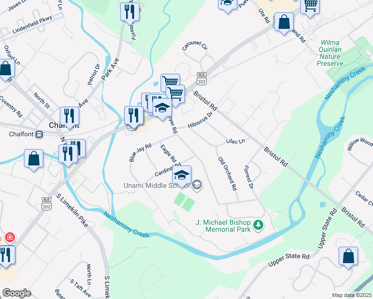 map of restaurants, bars, coffee shops, grocery stores, and more near 60 Moyer Road in Chalfont