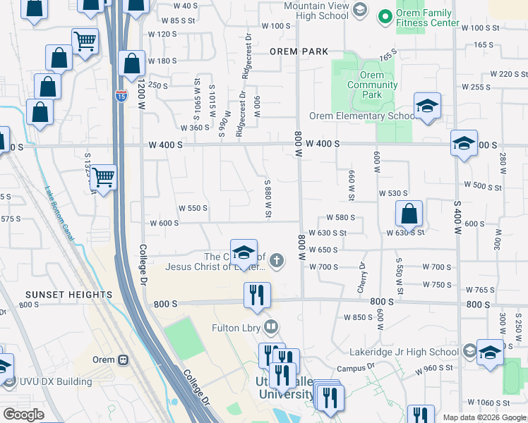 map of restaurants, bars, coffee shops, grocery stores, and more near 572 South 880 West Street in Orem