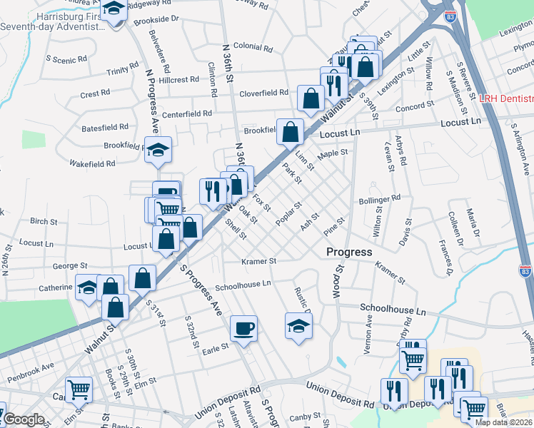map of restaurants, bars, coffee shops, grocery stores, and more near 102 Fox Street in Harrisburg