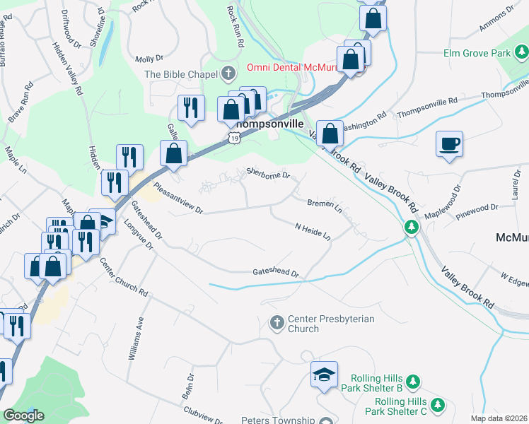 map of restaurants, bars, coffee shops, grocery stores, and more near 136 North Heide Lane in Canonsburg