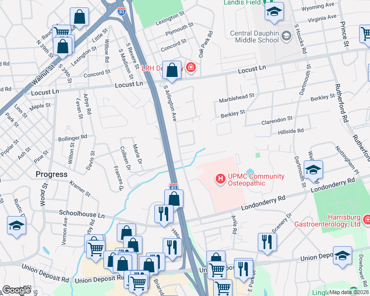 map of restaurants, bars, coffee shops, grocery stores, and more near 4220 Ridge Drive in Harrisburg