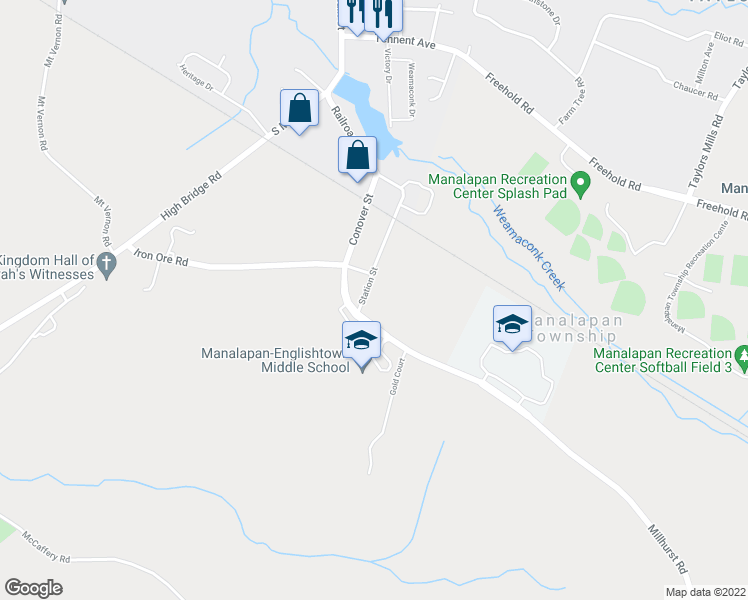 map of restaurants, bars, coffee shops, grocery stores, and more near 27 Station Street in Manalapan Township