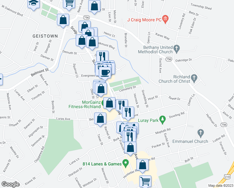 map of restaurants, bars, coffee shops, grocery stores, and more near 903 Old Scalp Avenue in Johnstown