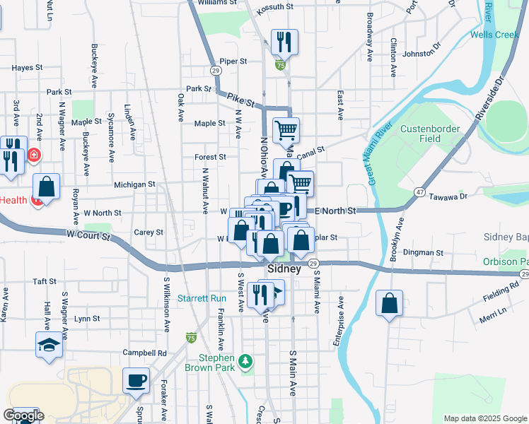 map of restaurants, bars, coffee shops, grocery stores, and more near 100 West North Street in Sidney