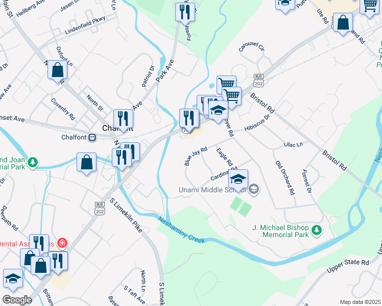 map of restaurants, bars, coffee shops, grocery stores, and more near 137 Blue Jay Road in Chalfont