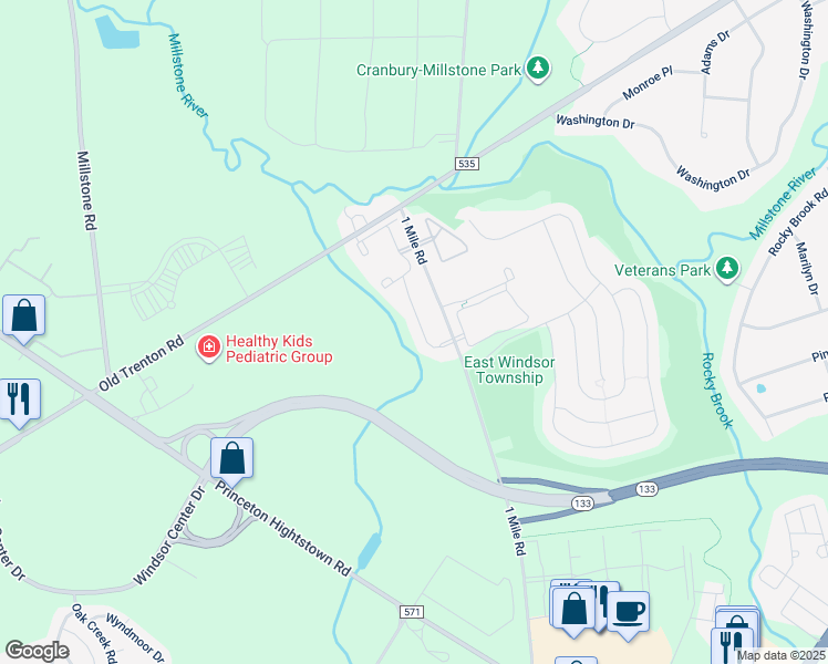 map of restaurants, bars, coffee shops, grocery stores, and more near 2433 Old Stone Mill Drive in East Windsor