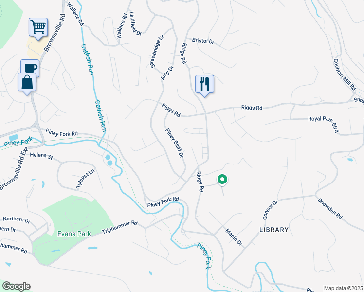 map of restaurants, bars, coffee shops, grocery stores, and more near 3080 Piney Bluff Drive in South Park Township