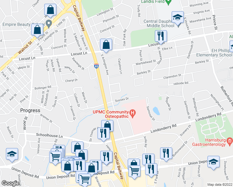 map of restaurants, bars, coffee shops, grocery stores, and more near 4218 Ridge Drive in Harrisburg