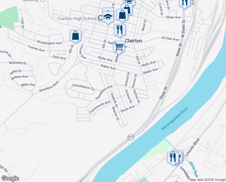 map of restaurants, bars, coffee shops, grocery stores, and more near 811 Miller Avenue in Clairton