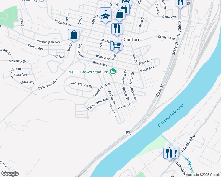 map of restaurants, bars, coffee shops, grocery stores, and more near 814 Vankirk Street in Clairton