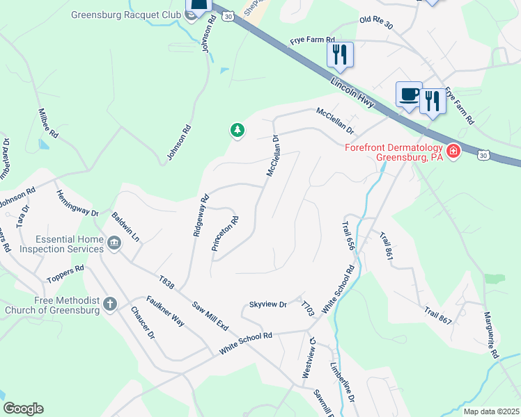 map of restaurants, bars, coffee shops, grocery stores, and more near 3117 McClellan Drive in Greensburg