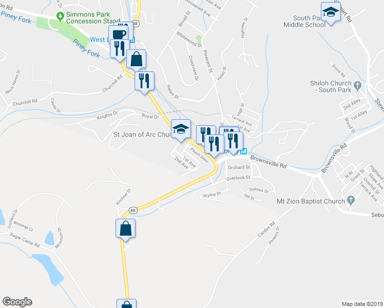 map of restaurants, bars, coffee shops, grocery stores, and more near 6489 Simmons Avenue in South Park Township
