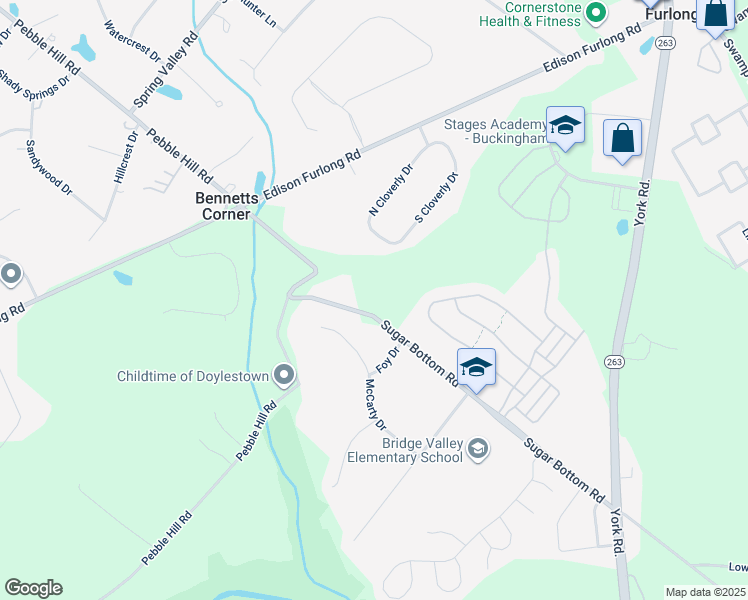 map of restaurants, bars, coffee shops, grocery stores, and more near 2459 Sugar Bottom Road in Furlong