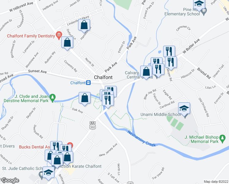 map of restaurants, bars, coffee shops, grocery stores, and more near 10 Kerns Avenue in Chalfont