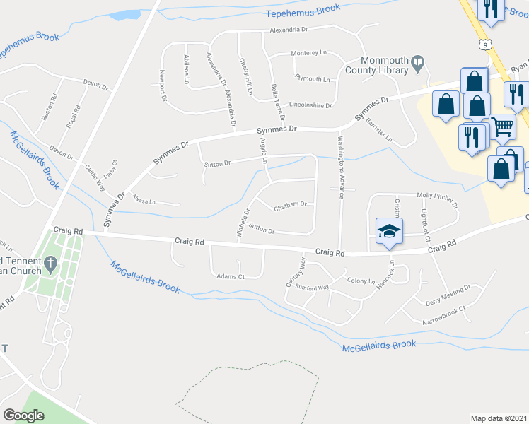 map of restaurants, bars, coffee shops, grocery stores, and more near 13 Chatham Drive in Manalapan Township