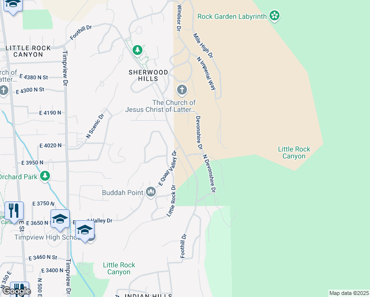 map of restaurants, bars, coffee shops, grocery stores, and more near 4044 Foothill Drive in Provo