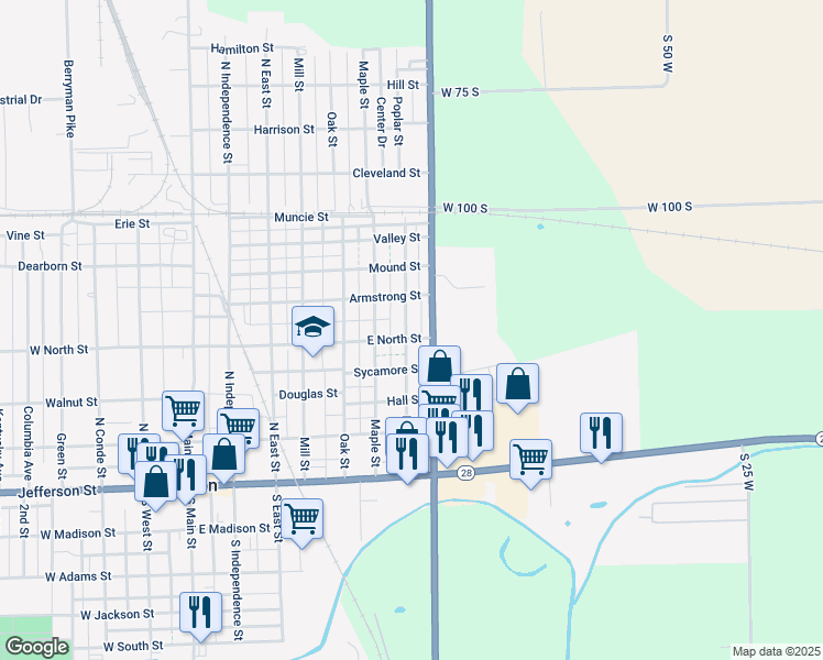 map of restaurants, bars, coffee shops, grocery stores, and more near 409 Poplar Street in Tipton