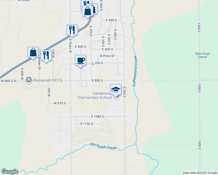 map of restaurants, bars, coffee shops, grocery stores, and more near 310 East 800 South in Roosevelt