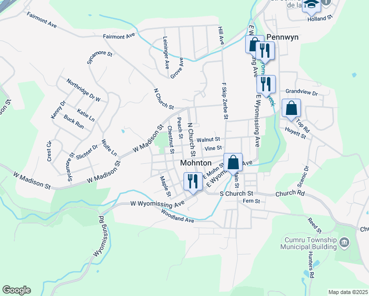 map of restaurants, bars, coffee shops, grocery stores, and more near 27 Peach Street in Mohnton