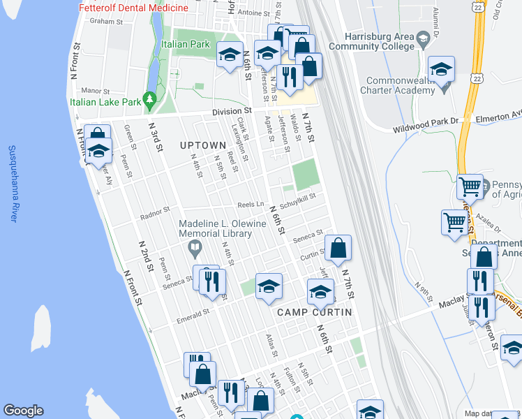 map of restaurants, bars, coffee shops, grocery stores, and more near 546 Schuylkill Street in Harrisburg