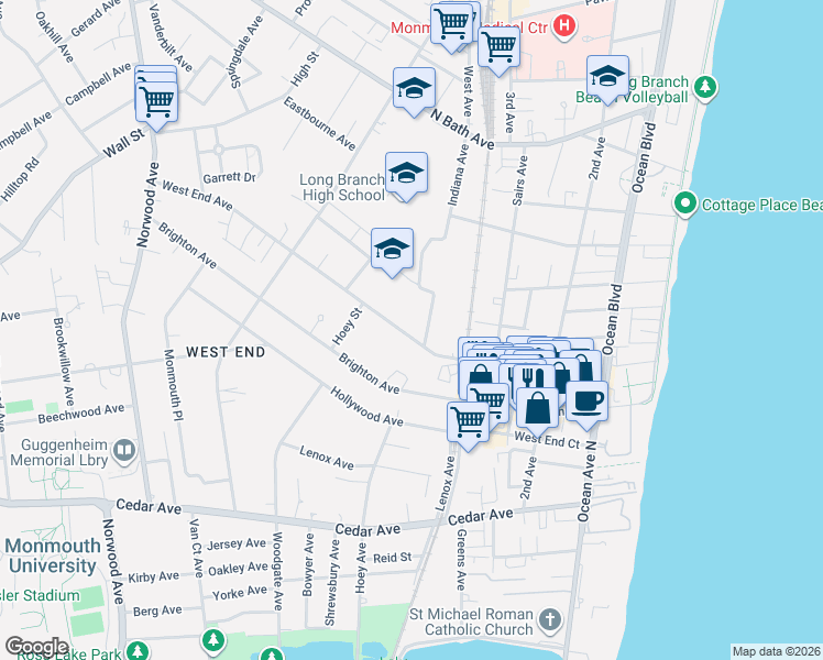 map of restaurants, bars, coffee shops, grocery stores, and more near 231 West End Avenue in Long Branch