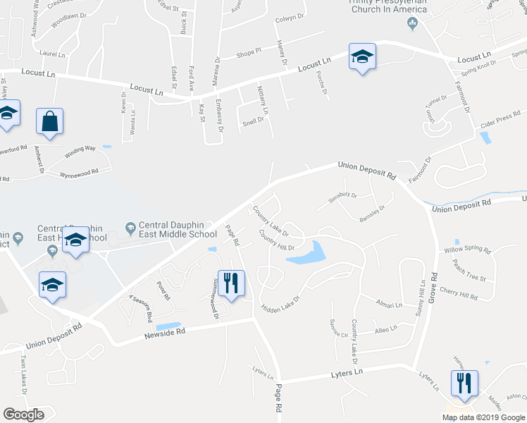 map of restaurants, bars, coffee shops, grocery stores, and more near 1114 Aberdeen Court in Harrisburg