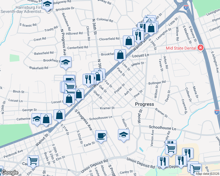 map of restaurants, bars, coffee shops, grocery stores, and more near 102 Fox Street in Harrisburg