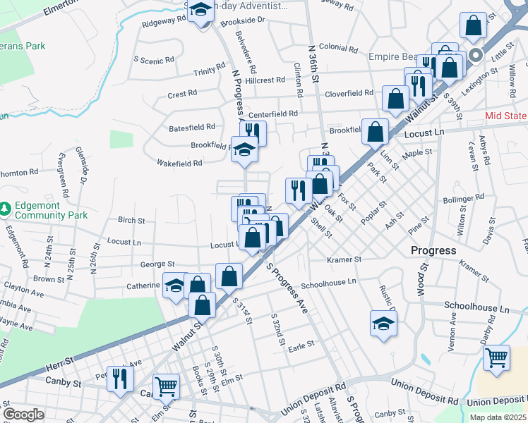 map of restaurants, bars, coffee shops, grocery stores, and more near 3310 Spring Street in Harrisburg