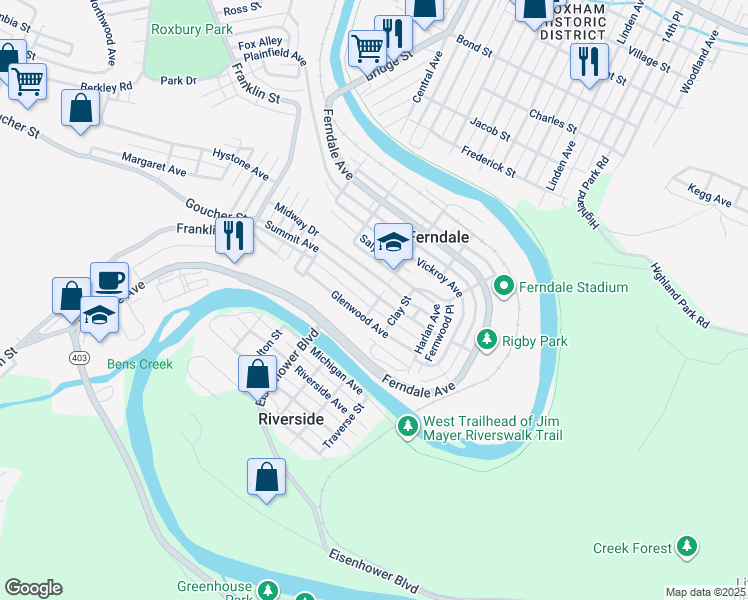 map of restaurants, bars, coffee shops, grocery stores, and more near Clem Alley in Johnstown