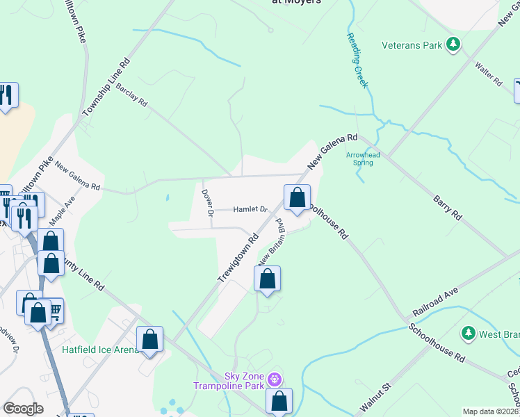 map of restaurants, bars, coffee shops, grocery stores, and more near Hamlet Drive in Chalfont