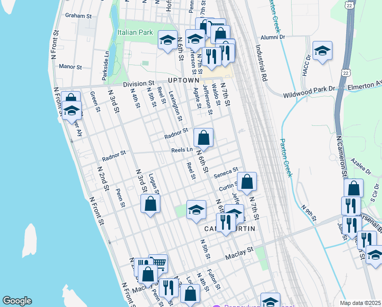 map of restaurants, bars, coffee shops, grocery stores, and more near 548 Lexington Street in Harrisburg
