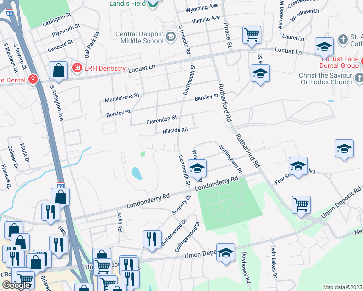 map of restaurants, bars, coffee shops, grocery stores, and more near 571 Dartmouth Street in Harrisburg