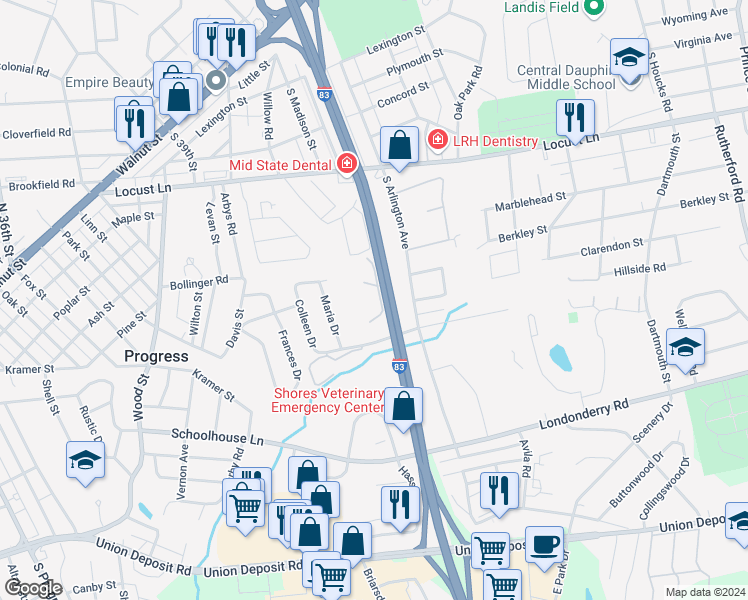 map of restaurants, bars, coffee shops, grocery stores, and more near 640 Santanna Drive in Harrisburg