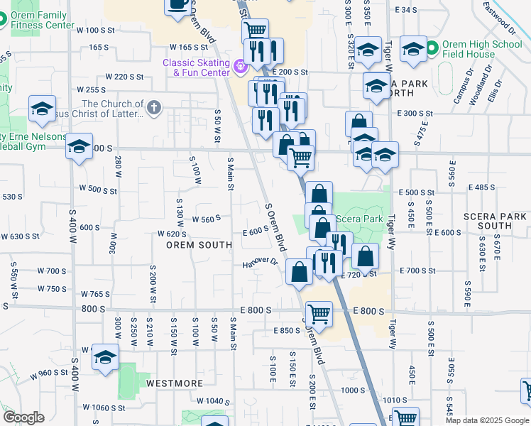 map of restaurants, bars, coffee shops, grocery stores, and more near 557 South 70 East Street in Orem