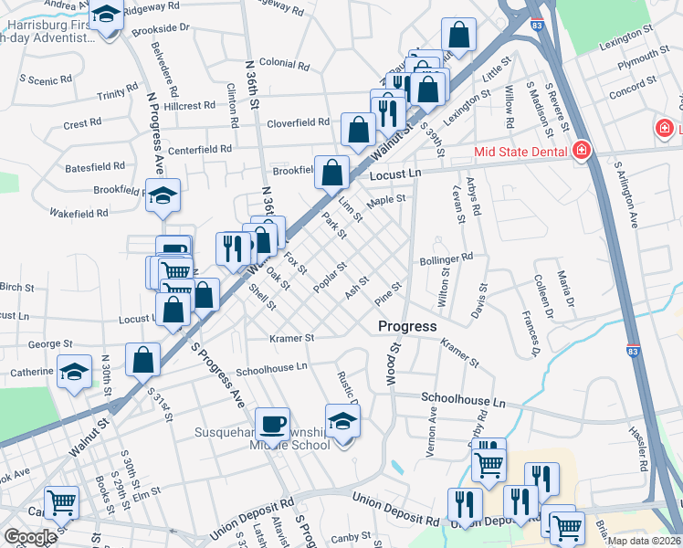 map of restaurants, bars, coffee shops, grocery stores, and more near 201 Fishburn Street in Harrisburg