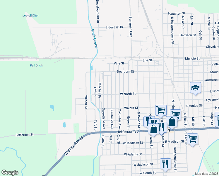 map of restaurants, bars, coffee shops, grocery stores, and more near 422 Kentucky Avenue in Tipton
