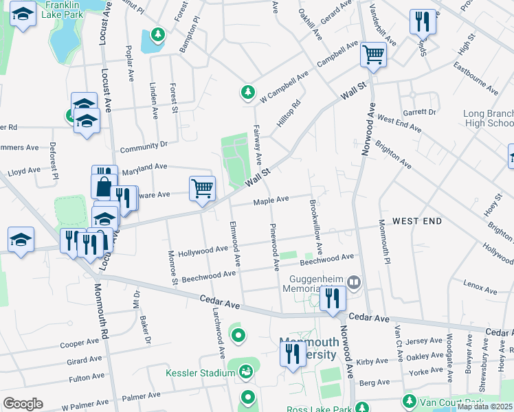 map of restaurants, bars, coffee shops, grocery stores, and more near 66 Maple Avenue in West Long Branch