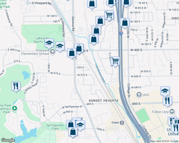 map of restaurants, bars, coffee shops, grocery stores, and more near 1509 West 550 South in Orem