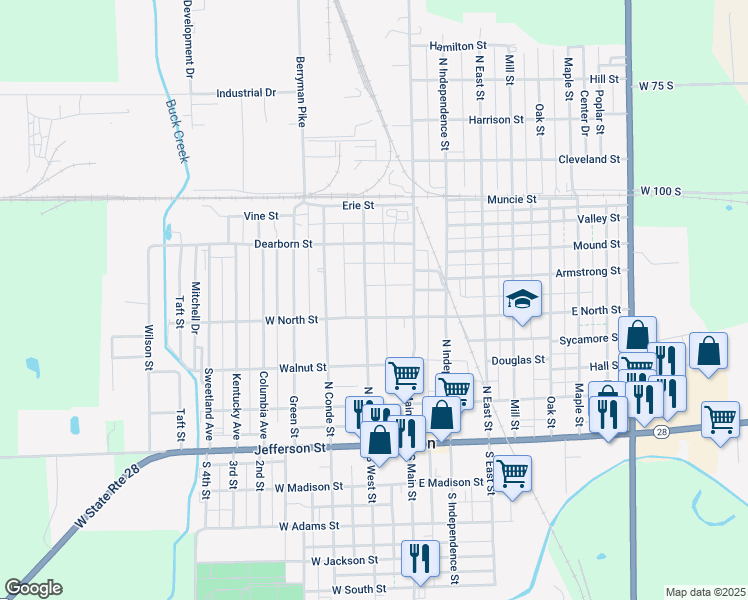 map of restaurants, bars, coffee shops, grocery stores, and more near 417 North West Street in Tipton