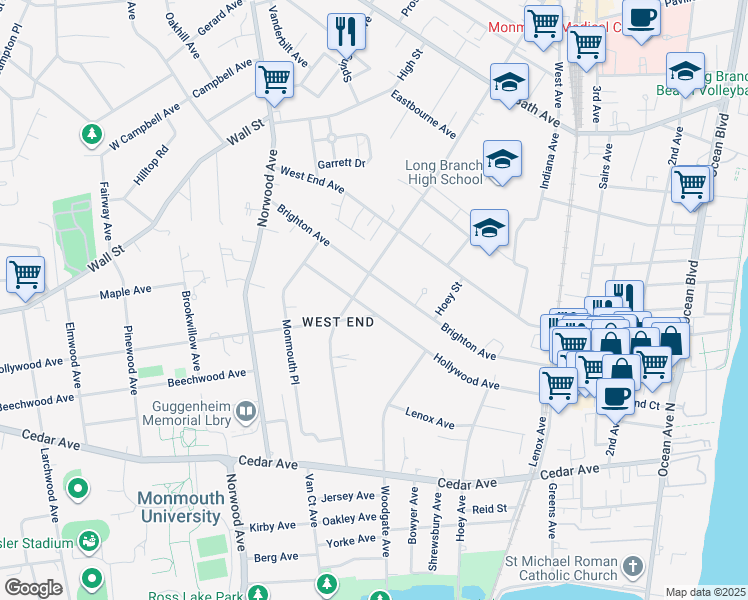 map of restaurants, bars, coffee shops, grocery stores, and more near 344 Brighton Avenue in Long Branch