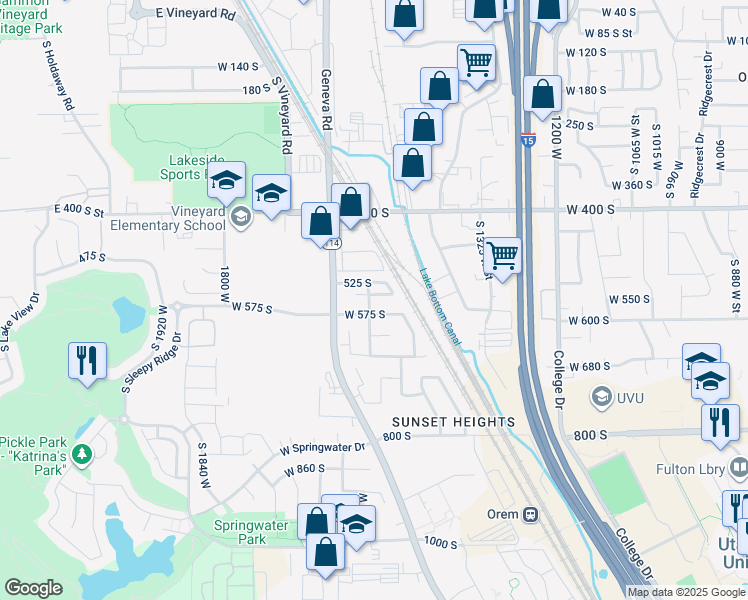 map of restaurants, bars, coffee shops, grocery stores, and more near 1531 West 550 South in Orem